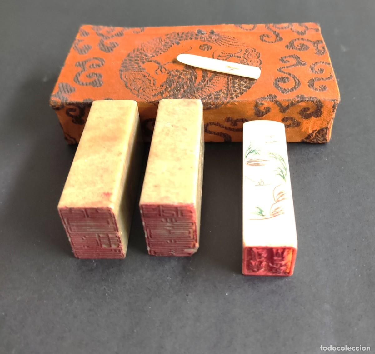 Arte: Sellos Chinos Chop Caligrafia Sigilar Piedra Esteatita y Resina Scholar Desk Caja Seda Lote x 3