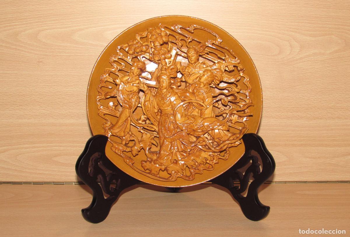 Arte: Talla asi&aacute;tica relieve madera tallada diosas mitolog&iacute;a China oriental vintage a&ntilde;os 70