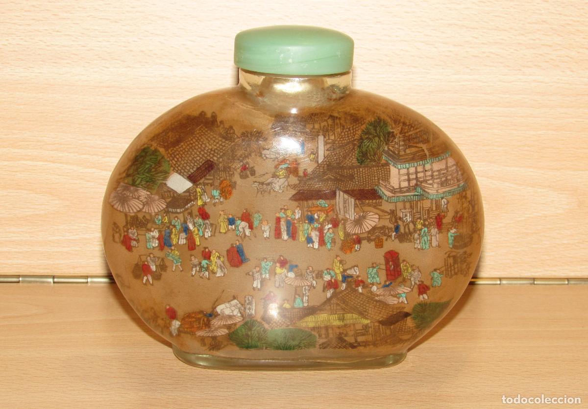Arte: Frasco botella tabaquera rap&eacute; oriental China grande vidrio cristal pintado dentro interior 529 gr