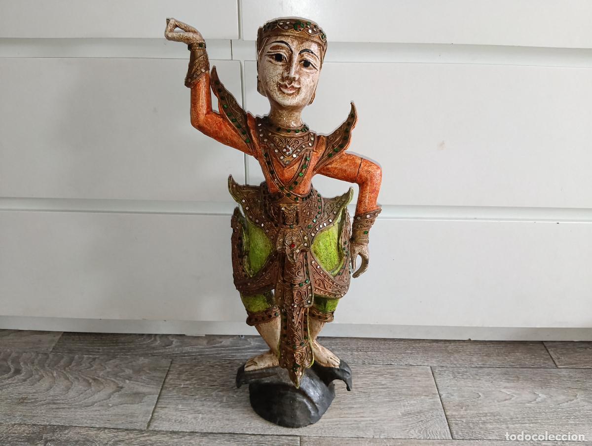 Arte: Gran Figura Bailarina Tailandesa Madera Tallada Pol&iacute;croma Estilo Siam&eacute;s Tradicional 55 cms
