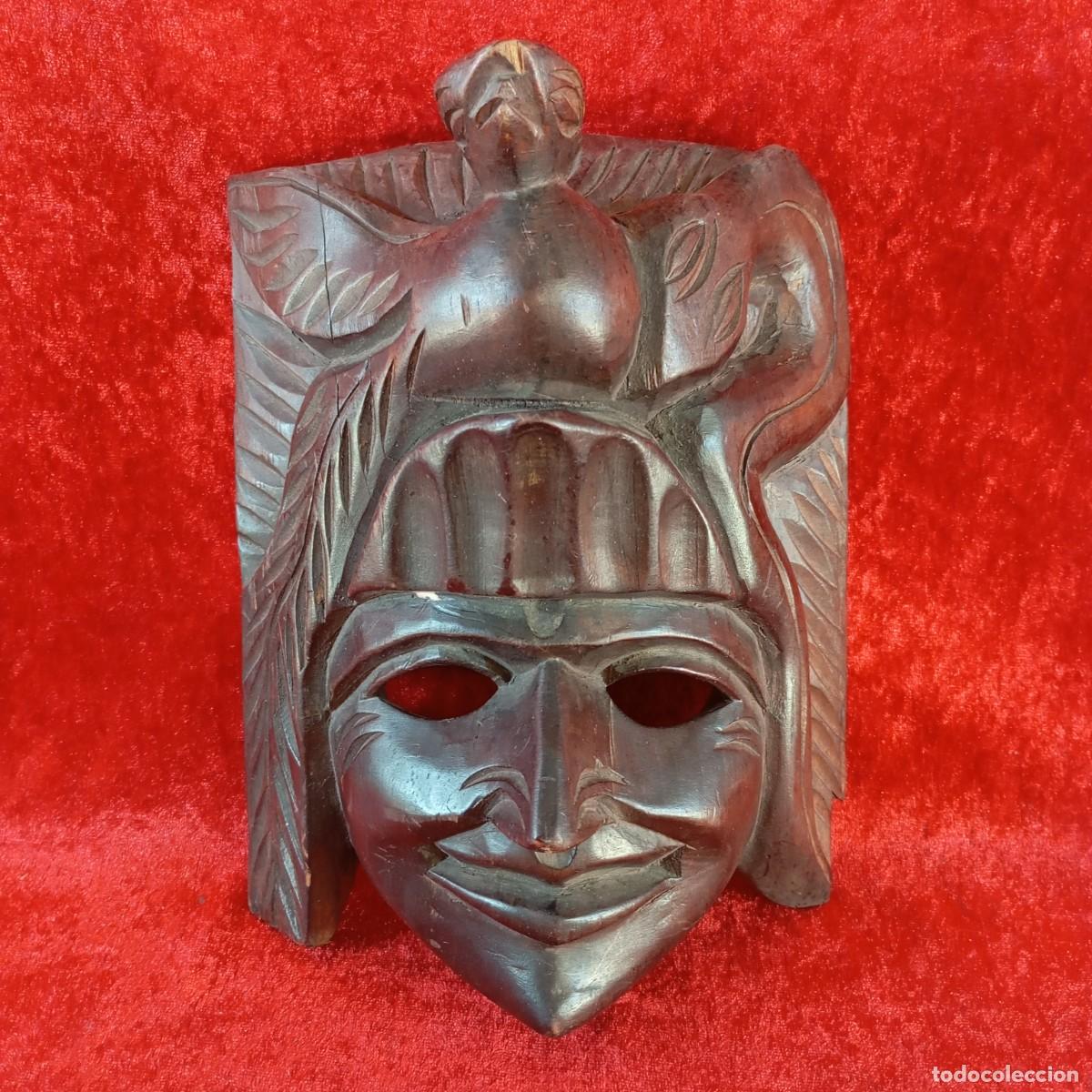 Arte: M&Aacute;SCARA DECORATIVA DE PARED - GUERRERO AZTECA, MAYA O INCA - TALLADA A MANO EN MADERA - 22 X 17 CM