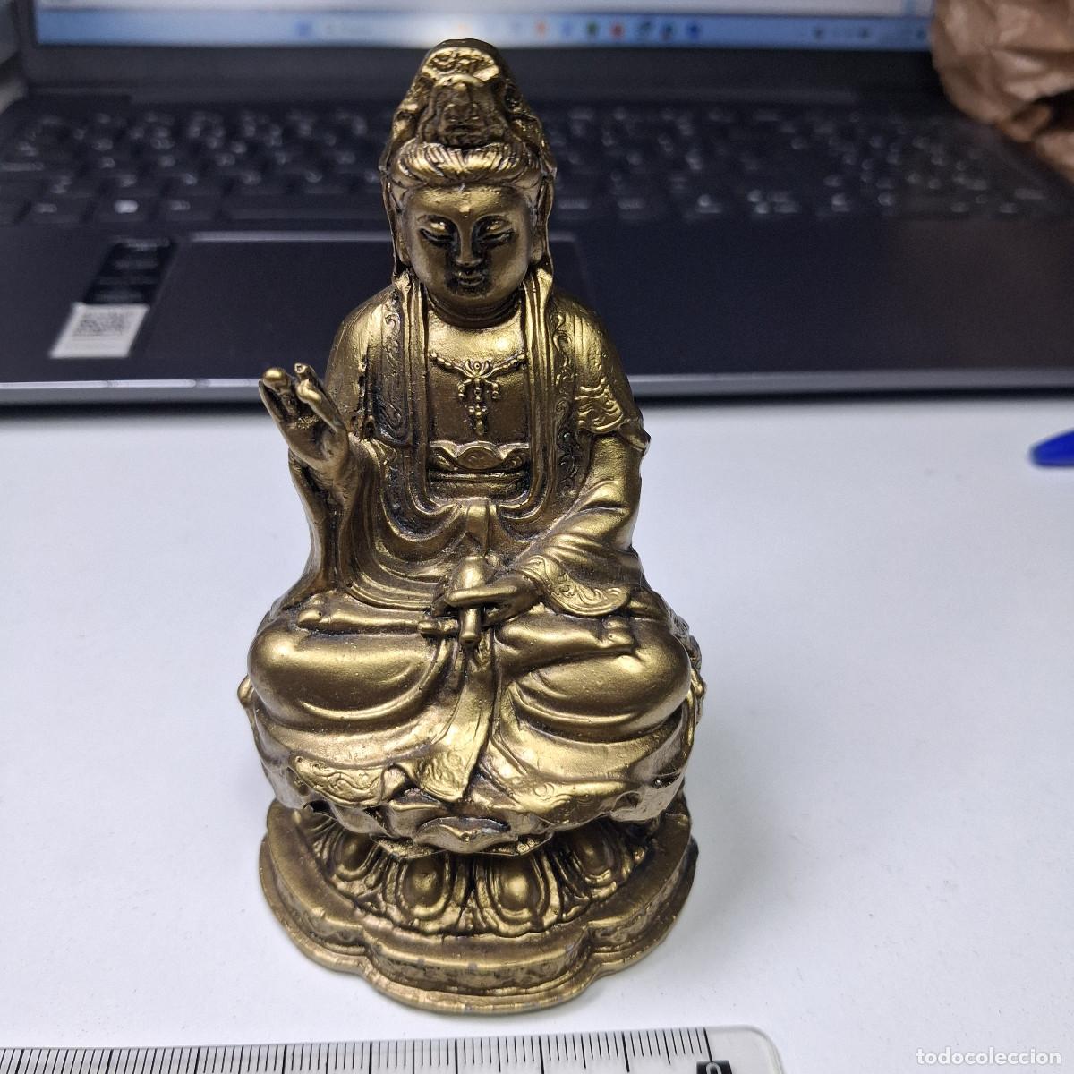 Arte: ESTATUILLA DE DIOSA GUAN YIN EN TRONO DE LOTO - ESCULTURA BUDISTA ENVEJECIDA 11CM