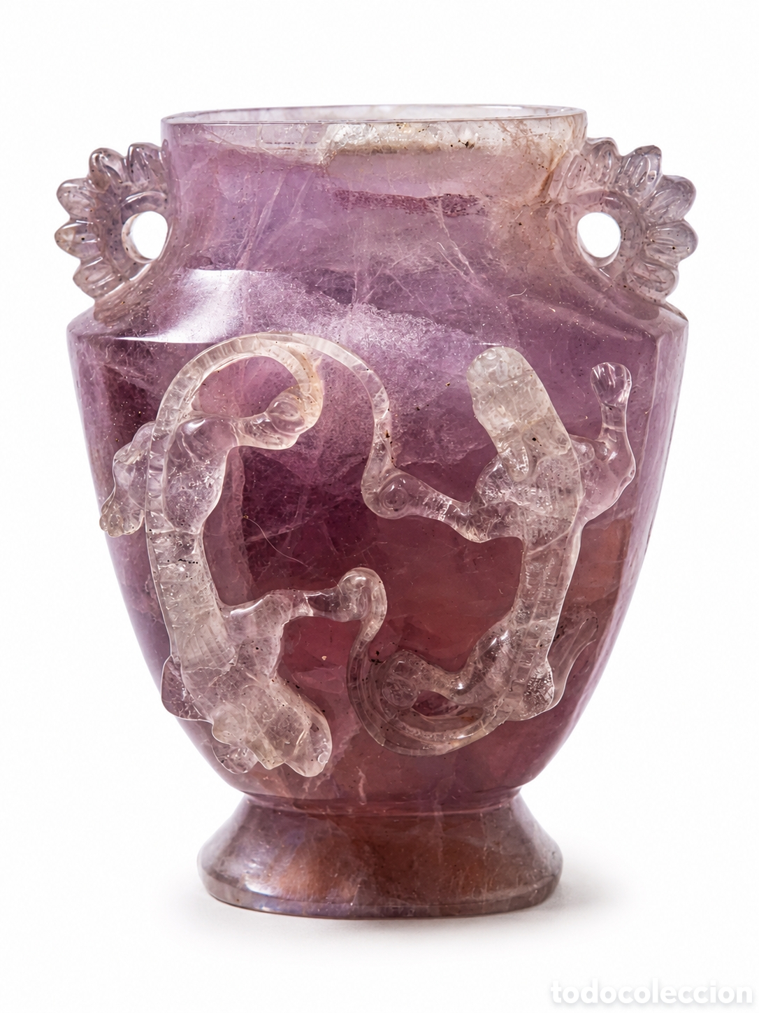 Arte: Antiguo Jarr&oacute;n Chino en Amatista Natural Tallada - Dragones Chilong - 10 cm - Arte Oriental
