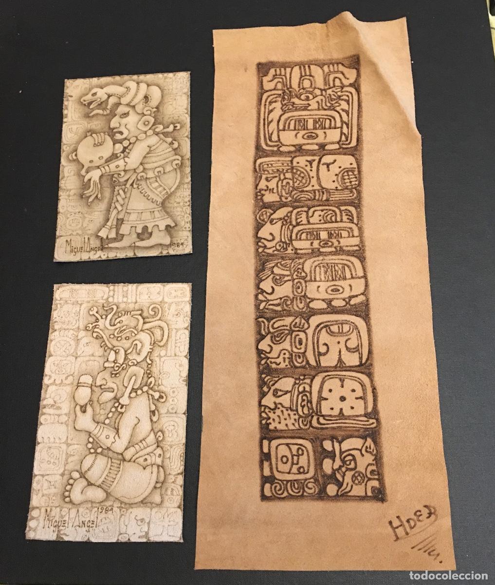 Arte: Lote de pirograbado en piel Mexico 80', motivos aztecas