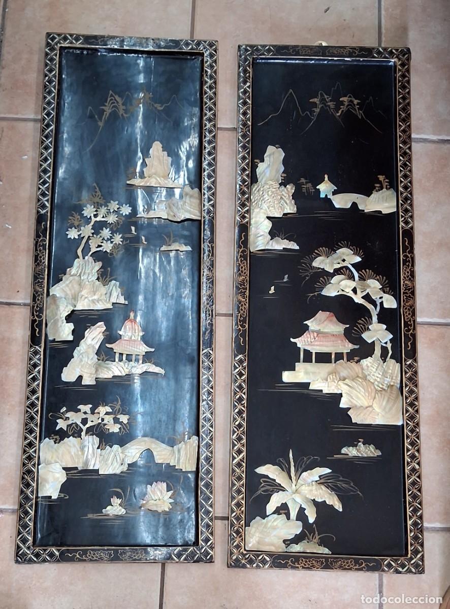 Arte: Pareja de paneles orientales lacados y con nacar