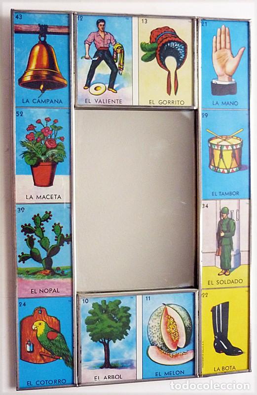 Arte: ESPEJO DE HOJALATA CON IM&Aacute;GENES DE LOTER&Iacute;A MEXICANA - ARTESAN&Iacute;A POPULAR DE M&Eacute;XICO - NUEVO