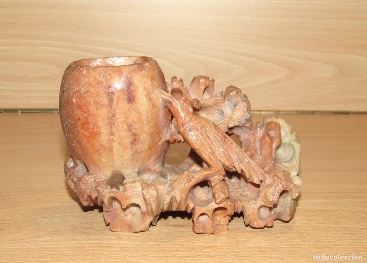 Arte: Antigua escultura china tintero oriental piedra jab&oacute;n jabonosa tallada ave p&aacute;jaro 322 gr mit. s.XX