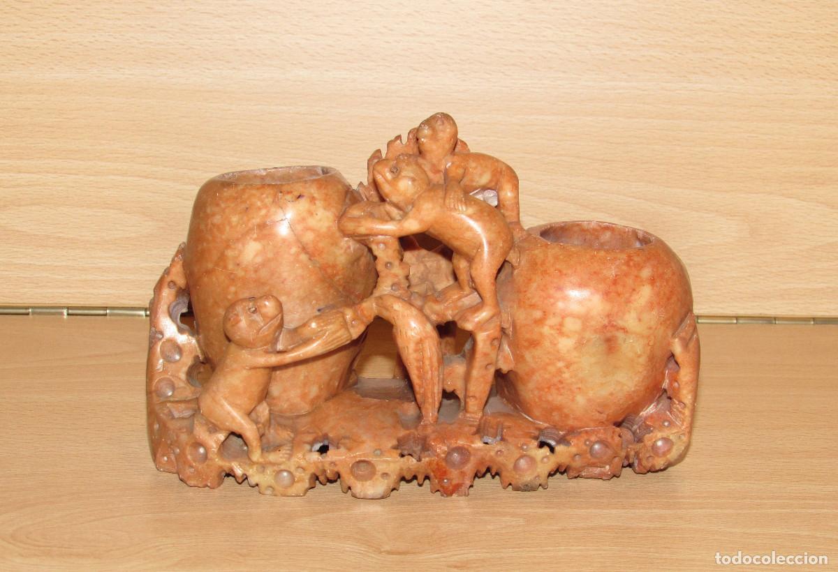 Arte: Antigua escultura china tintero oriental tallado piedra jab&oacute;n jabonosa monos 756 gr mediados s. XX