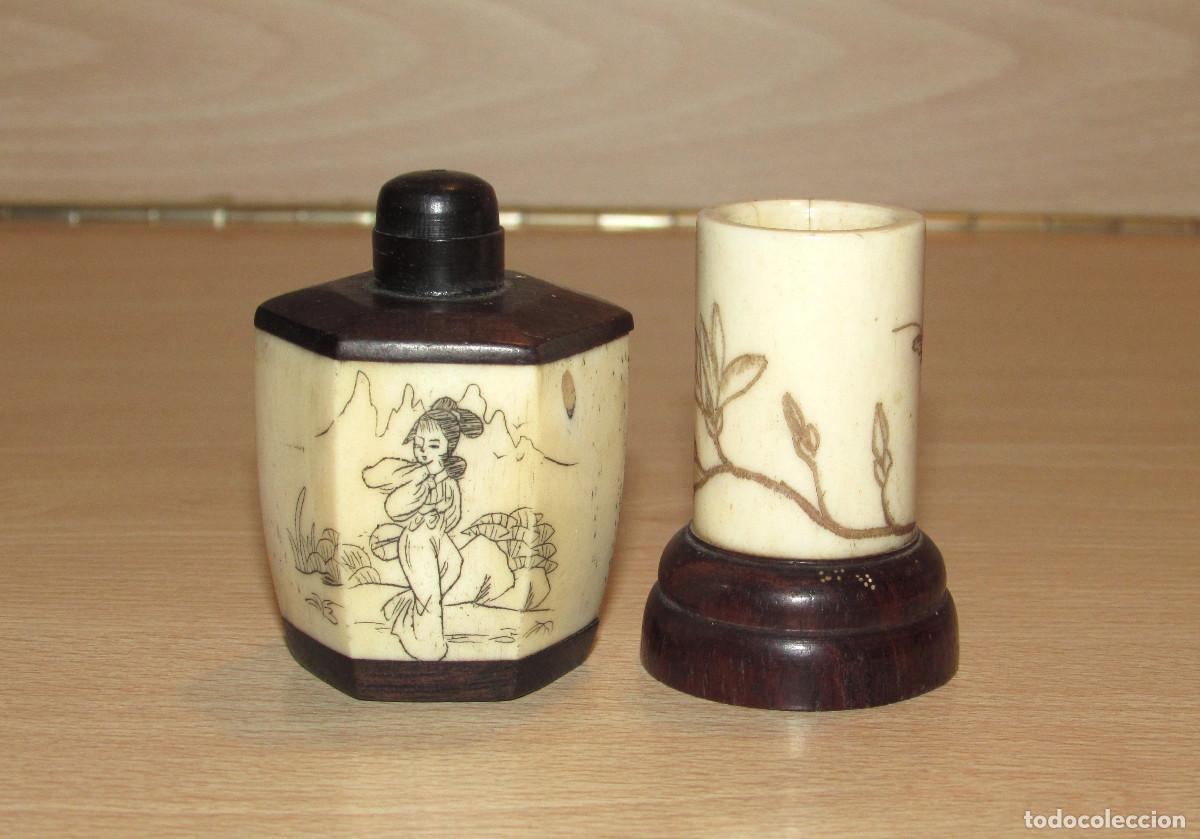 Arte: Set botella china oriental rap&eacute; tabaco tabaquera perfumero snuff bottle y bote hueso grabados
