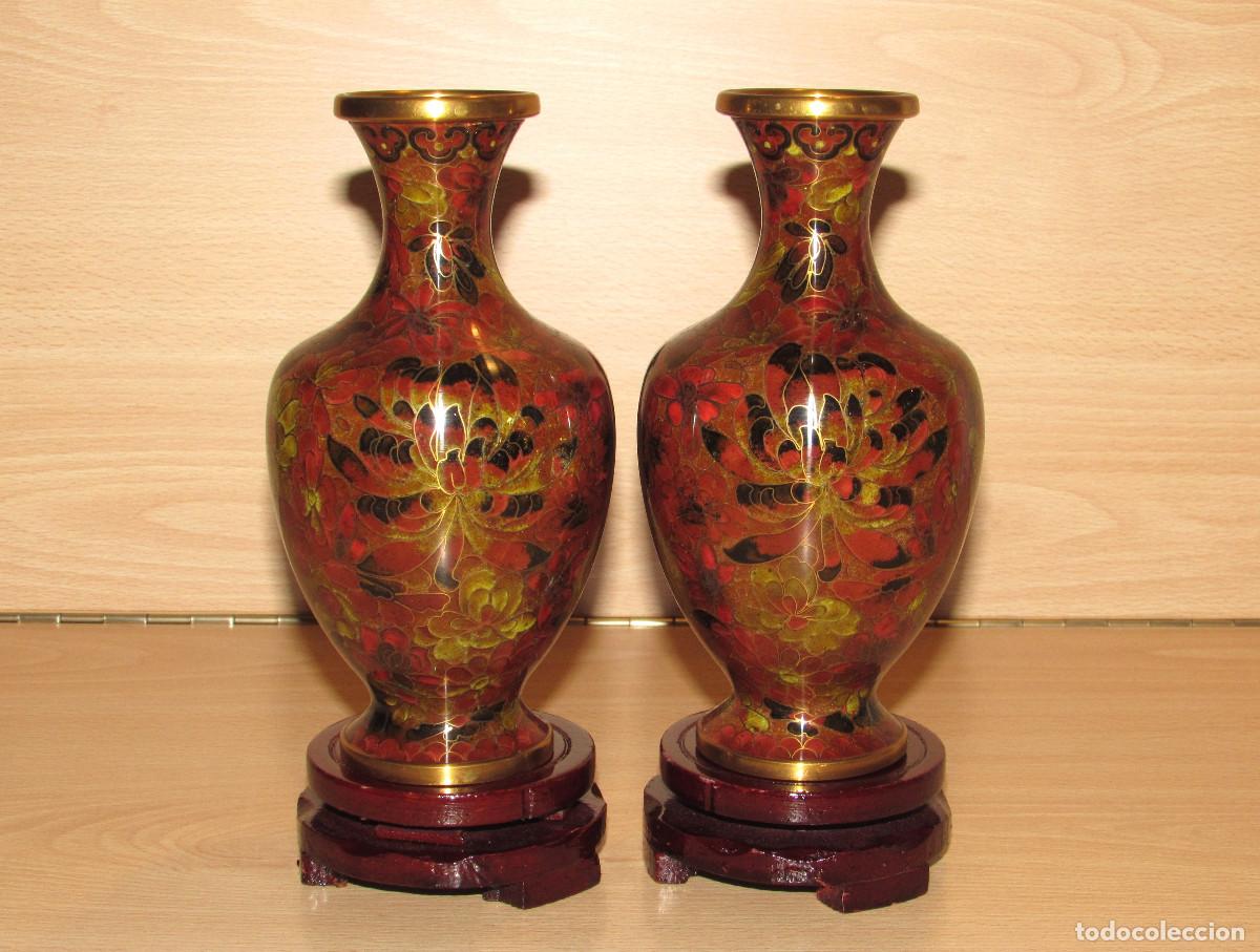 Art: Par pareja jarrones jarr&oacute;n oriental chino cloisonn&eacute; metal esmalte flores 15,5 cm y peanas giratorias