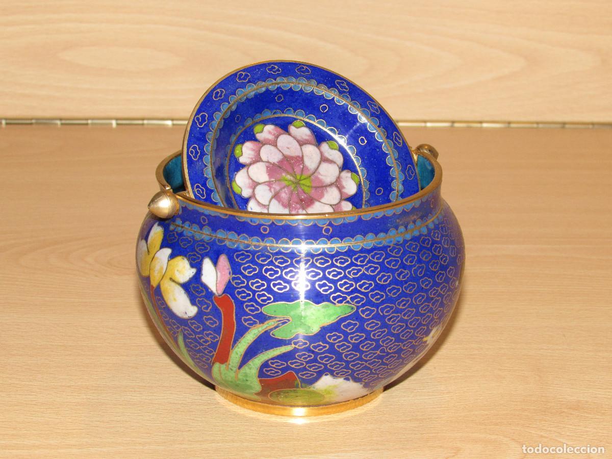 Art: Cenicero oriental chino esmaltes metal esmaltado cloisonn&eacute; azul ave flores