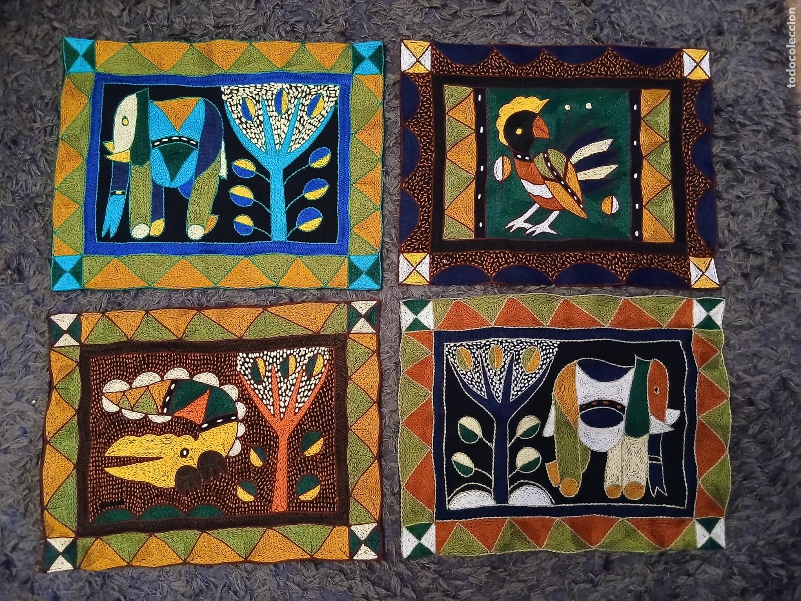 Arte: lote de 4 tapices mantel individual Kaross hecho a mano bordado. arte africano. Tapiz