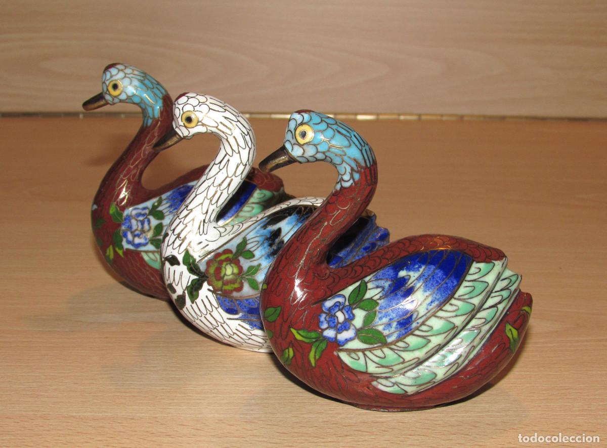 Art: Tr&iacute;o colecci&oacute;n aves patos cisnes p&aacute;jaros chinos orientales cloisonn&eacute; metal esmaltes 8 x 9 cm
