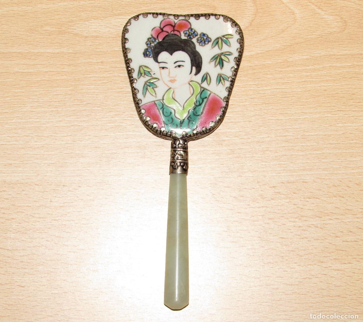 Arte: Espejo vintage mano oriental chino porcelana cer&aacute;mica jade plata tibetana Geisha Gueisha Geisa