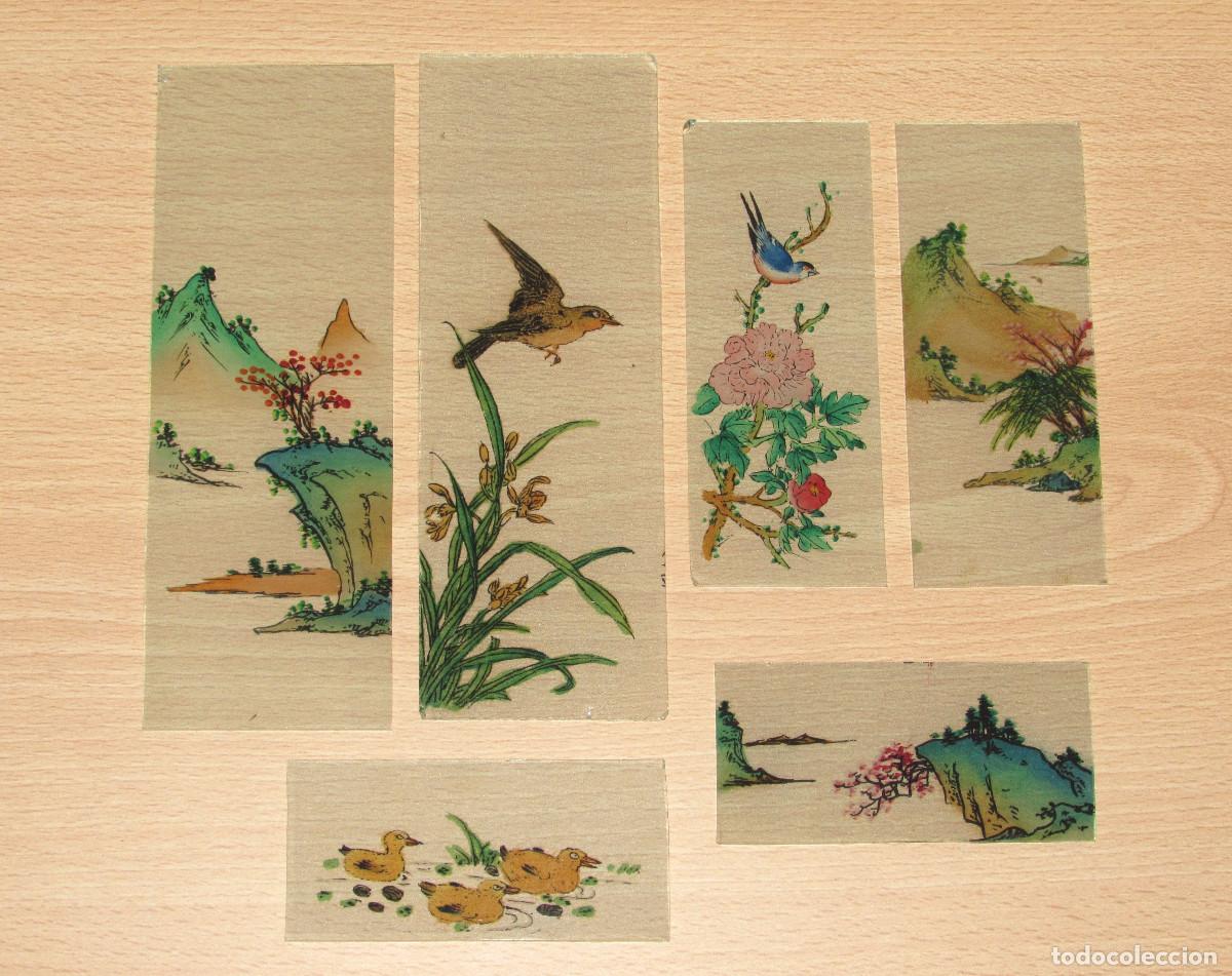 Arte: 6 cristales paneles de l&aacute;mpara china vintage pinturas miniaturas aves paisajes flores a&ntilde;os 60