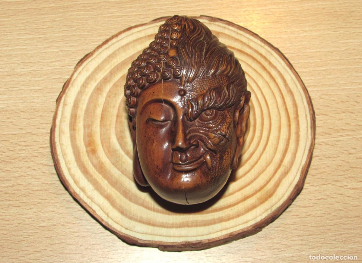 Arte: Figura oriental okimono Jap&oacute;n China netsuke 2 caras Buda Bhuda Budha y demonio madera