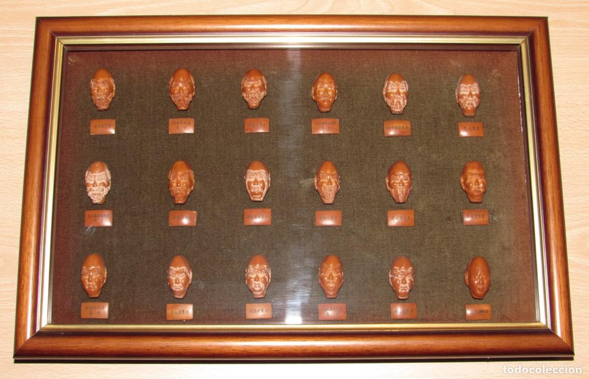 Arte: Antiguo cuadro vitrina oriental Hediao 18 Arhat Lohan cuentas oraci&oacute;n huesos aceituna China