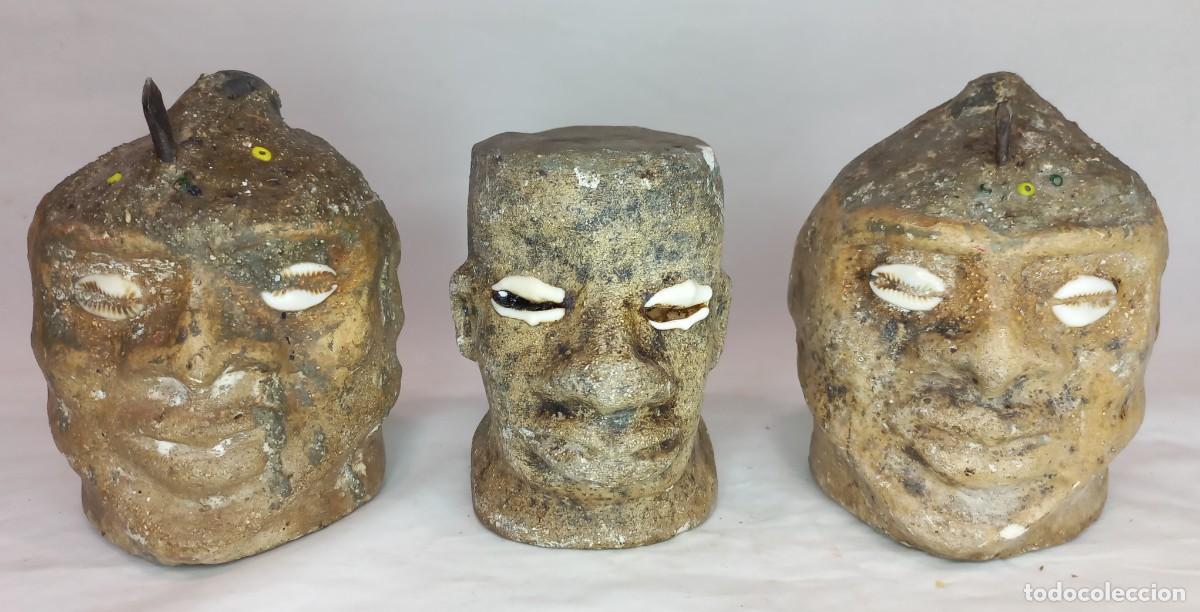 Arte: CONJUNTO DE 3 ANTIGUAS CABEZAS RITUALES DE ELEGUA TALLADAS A MANO ORIGINALES DE HAITI, PARA SANTERIA