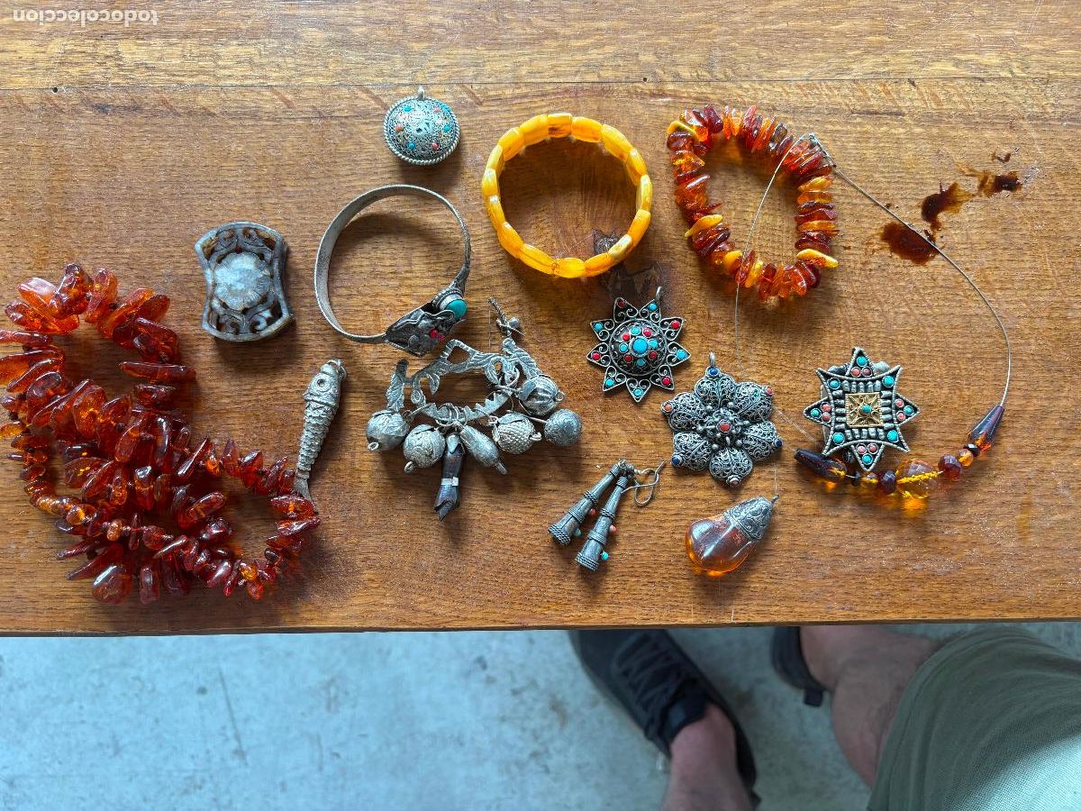 Arte: Lote de joyeria amuletos pinjante ambar plata ley baja colgante Pendientes asia Nepal hind&uacute;