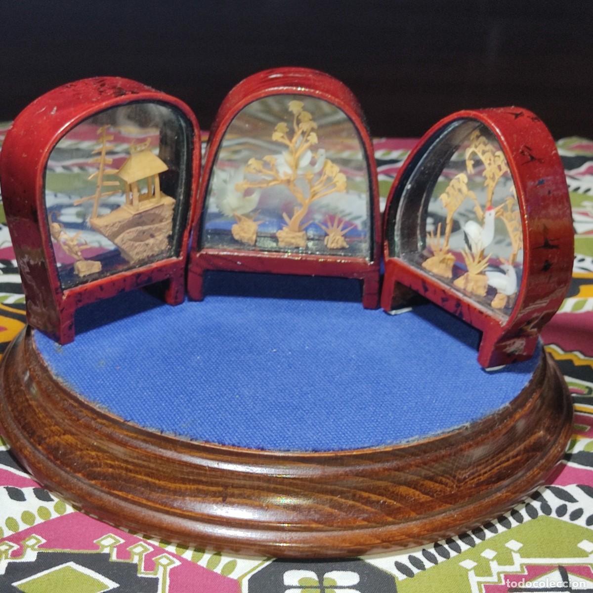 Arte: Juego de dioramas orientales de madera y cristal, Vintage. *2*