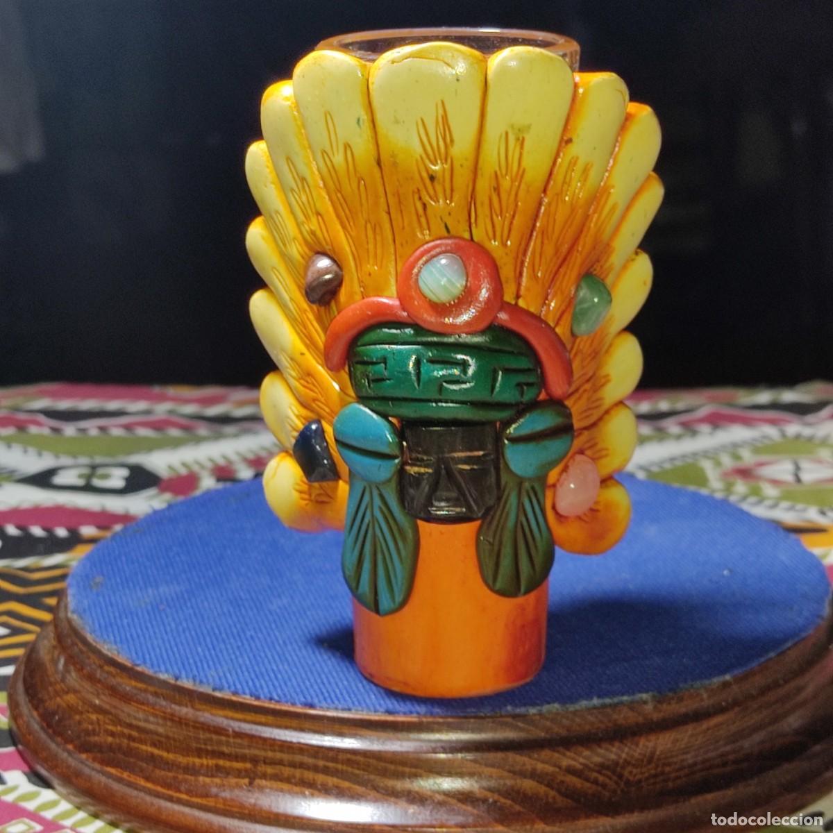 Arte: Totem nativo americano,vaso artesanal,cara tallada en Obsidiana,cuentas cuarzo,terracota & Mejico