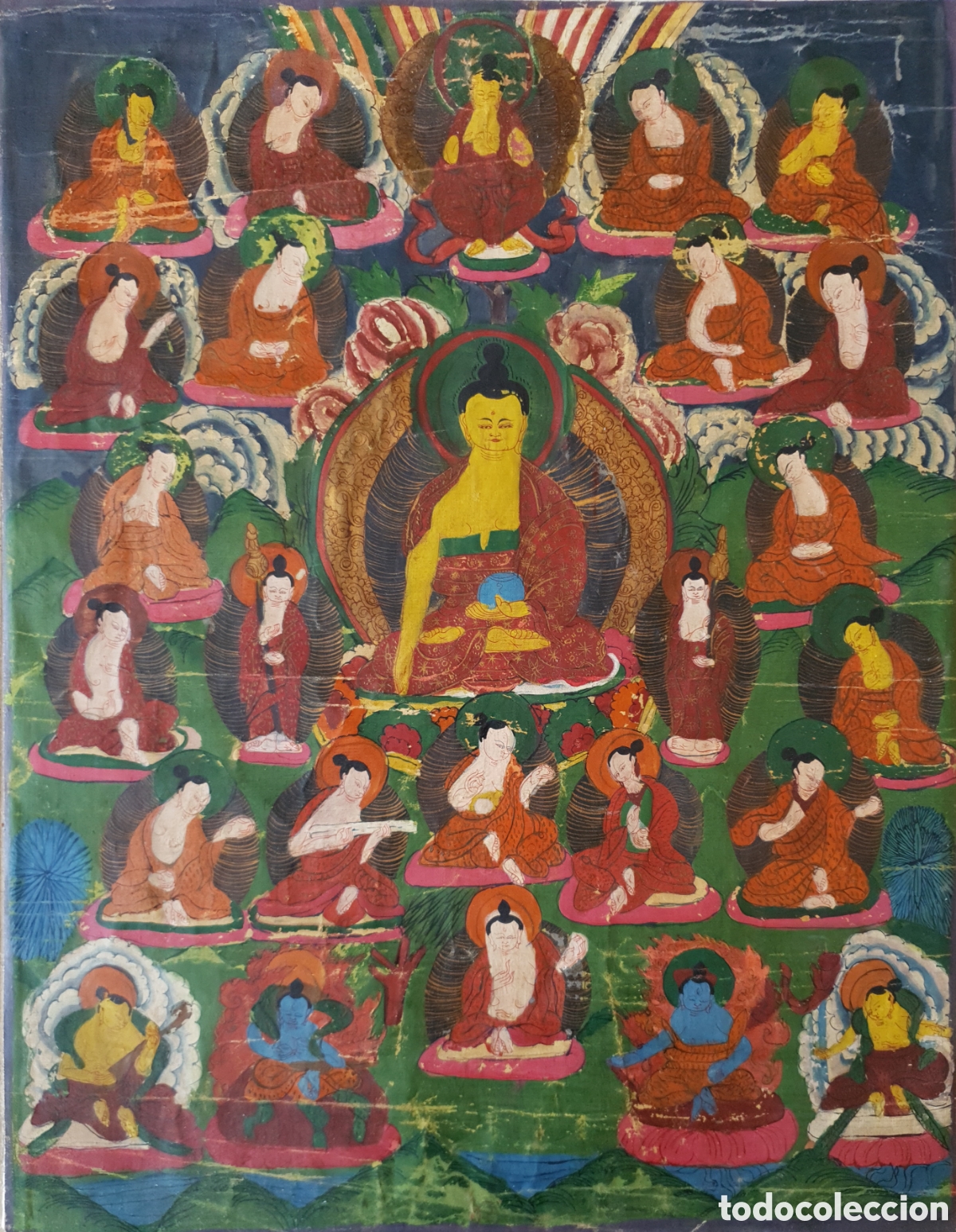 Arte: Thangka Tibetano (XIX) - Buda Shakyamuni y los 16 Arhats.