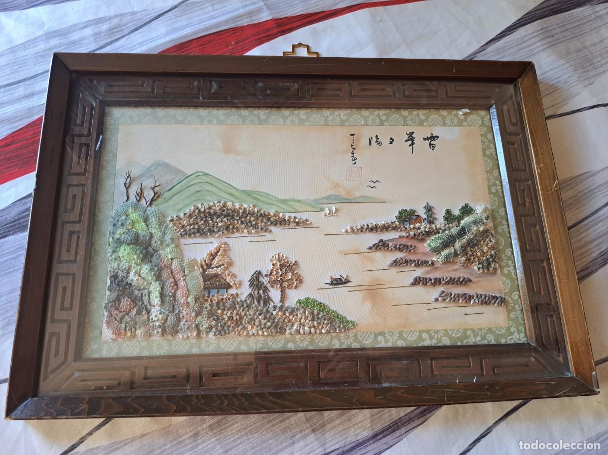 Kunst: Precioso cuadro oriental en relieve hecho con incrustaciones de conchas marinas, paisaje.