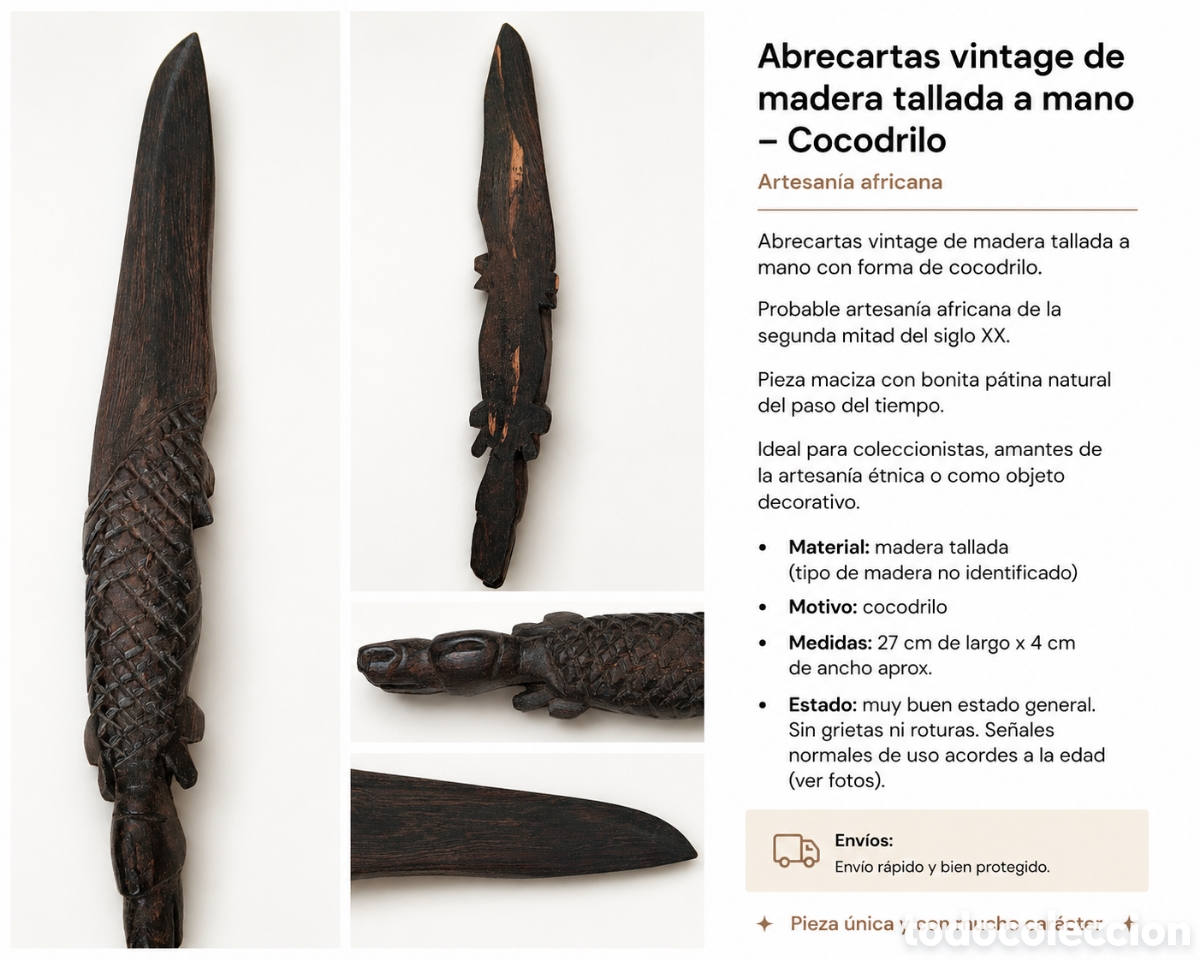 Arte: Abrecartas vintage &eacute;tnico de madera tallado a mano 27 cm
