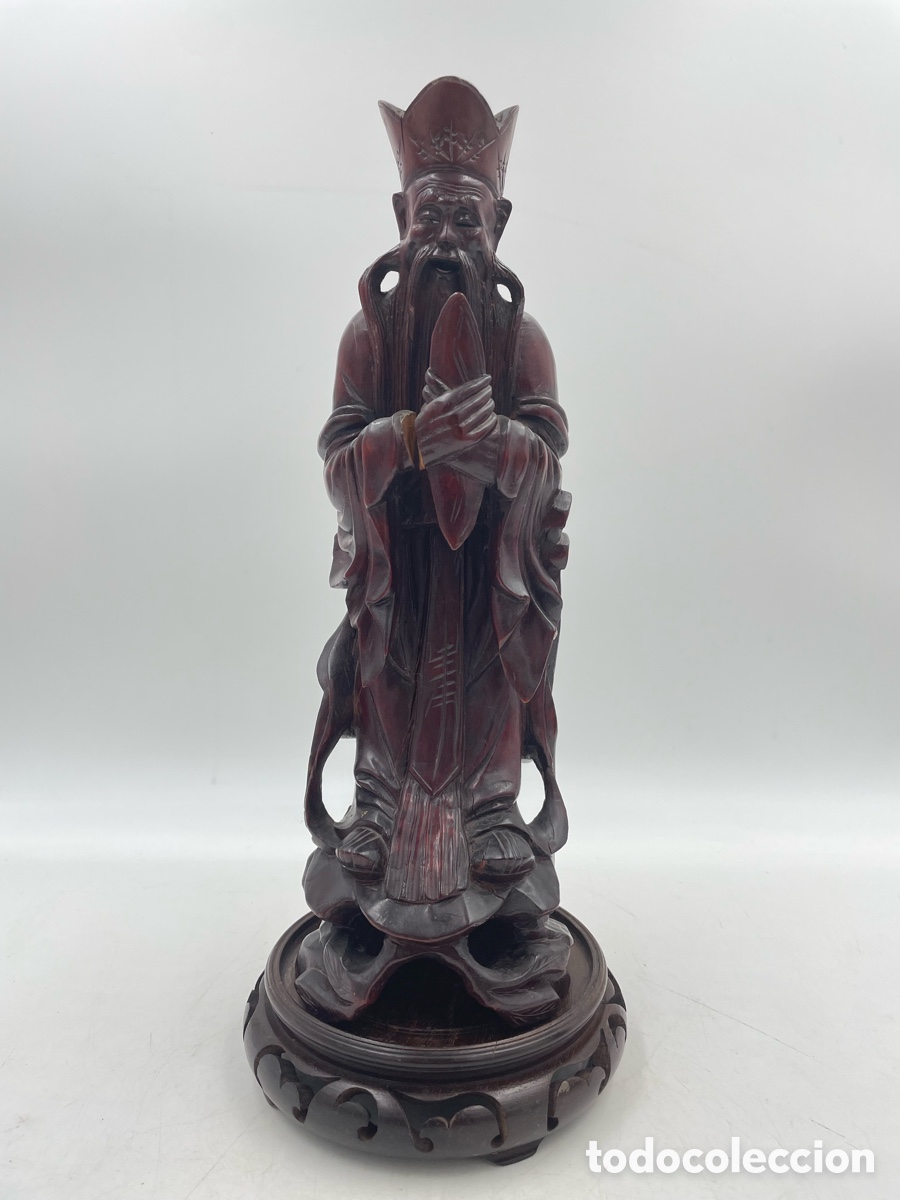 Art: Antigua figura china talla de madera. Dios, sabio o anciano chino.