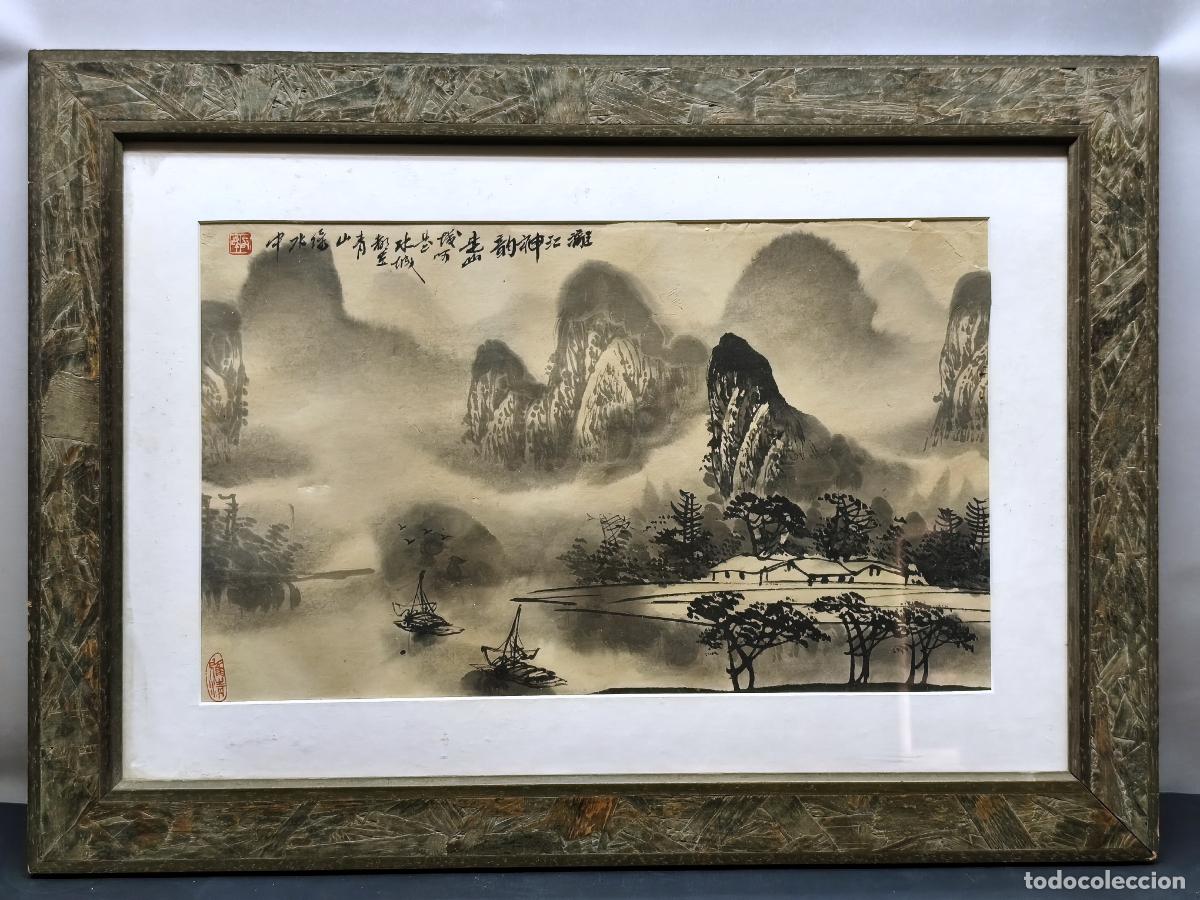Arte: Antigua pintura &middot; Paisaje acuarela china &middot; Aguada tinta &middot; Papel de arroz &middot; con caligraf&iacute;a y sellos