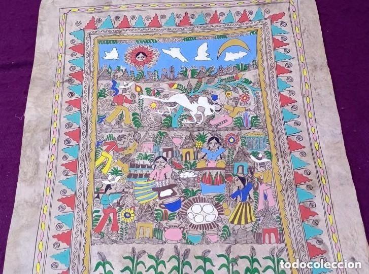Arte: Pintura Original sobre corteza de &aacute;rbol, papel amate, M&eacute;xico, firmado Plasido Ascencio