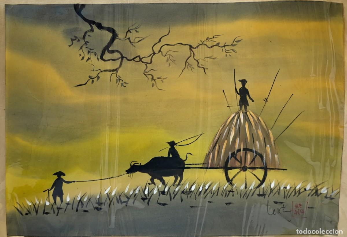Arte: Pintura oriental sobre seda - Campesinos, buey de agua y carro de paja