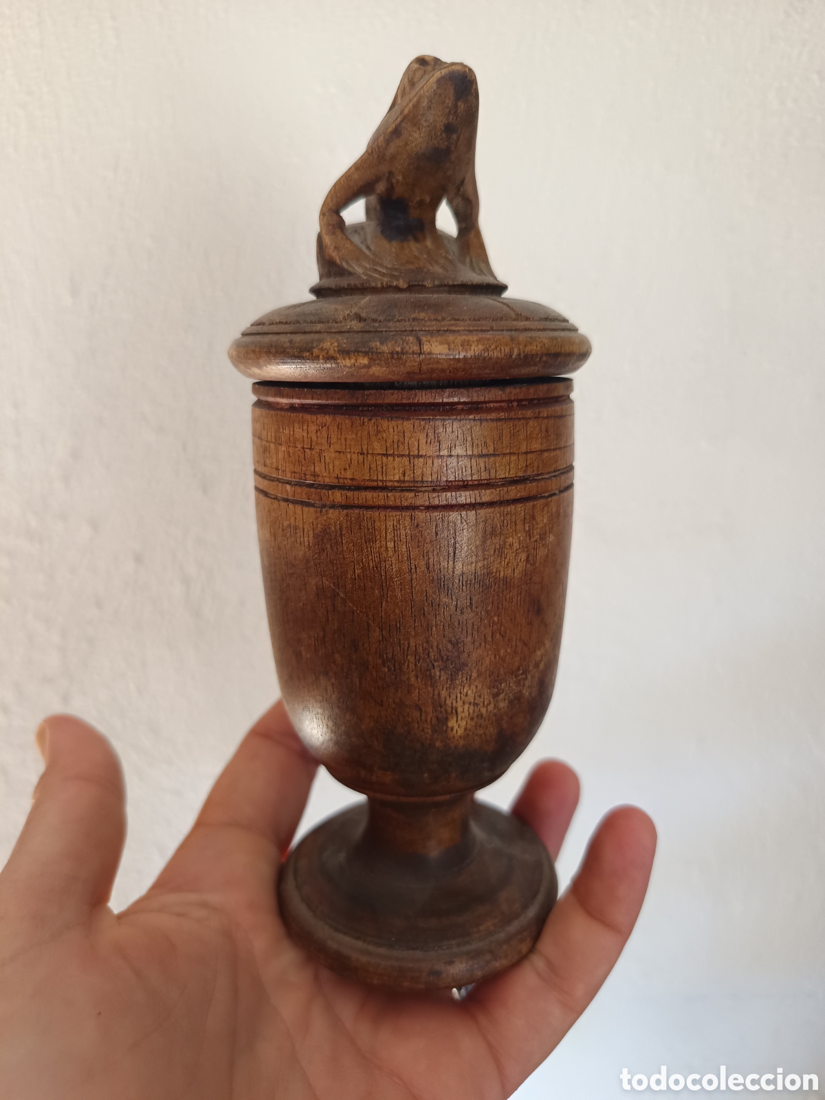 Art: Antigua pieza etnica de India tallada en madera y bambu , tapa con rana