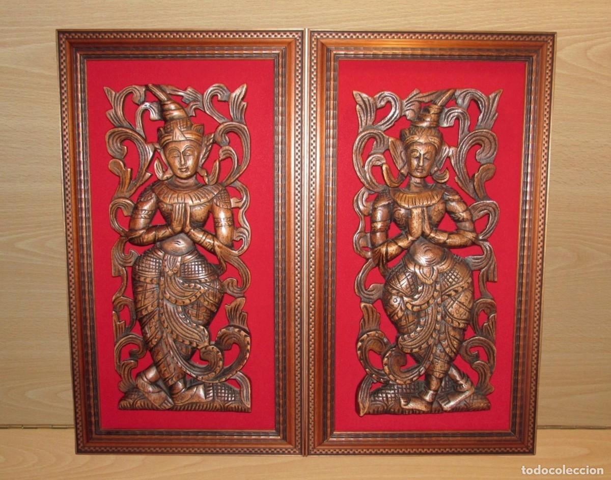 Arte: Par cuadro oriental tailand&eacute;s tradicional &aacute;ngeles Theppanom Sawaddee wai madera Tailandia 60 x 34 cm