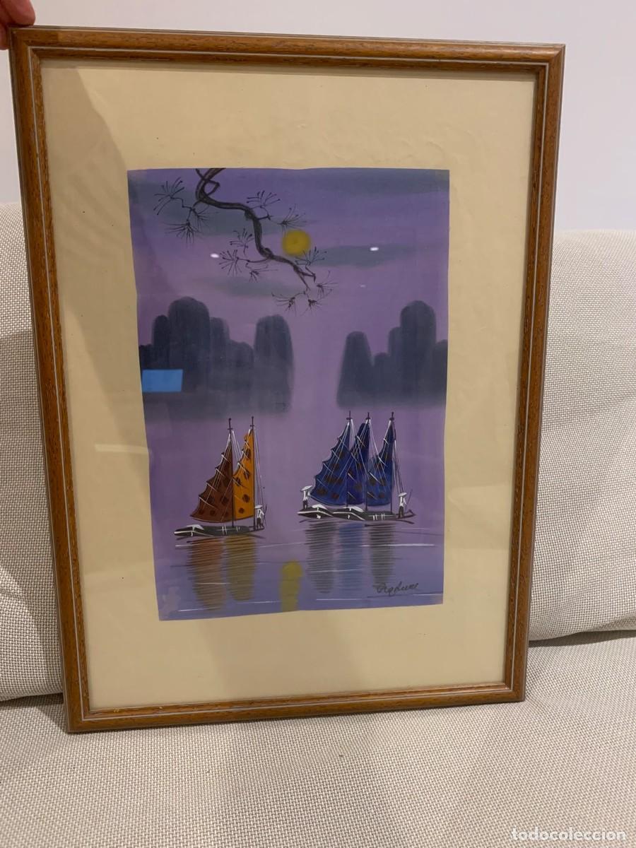 Arte: Pintura vietnamita bah&iacute;a de Ha Long con juncos, firmada, enmarcada