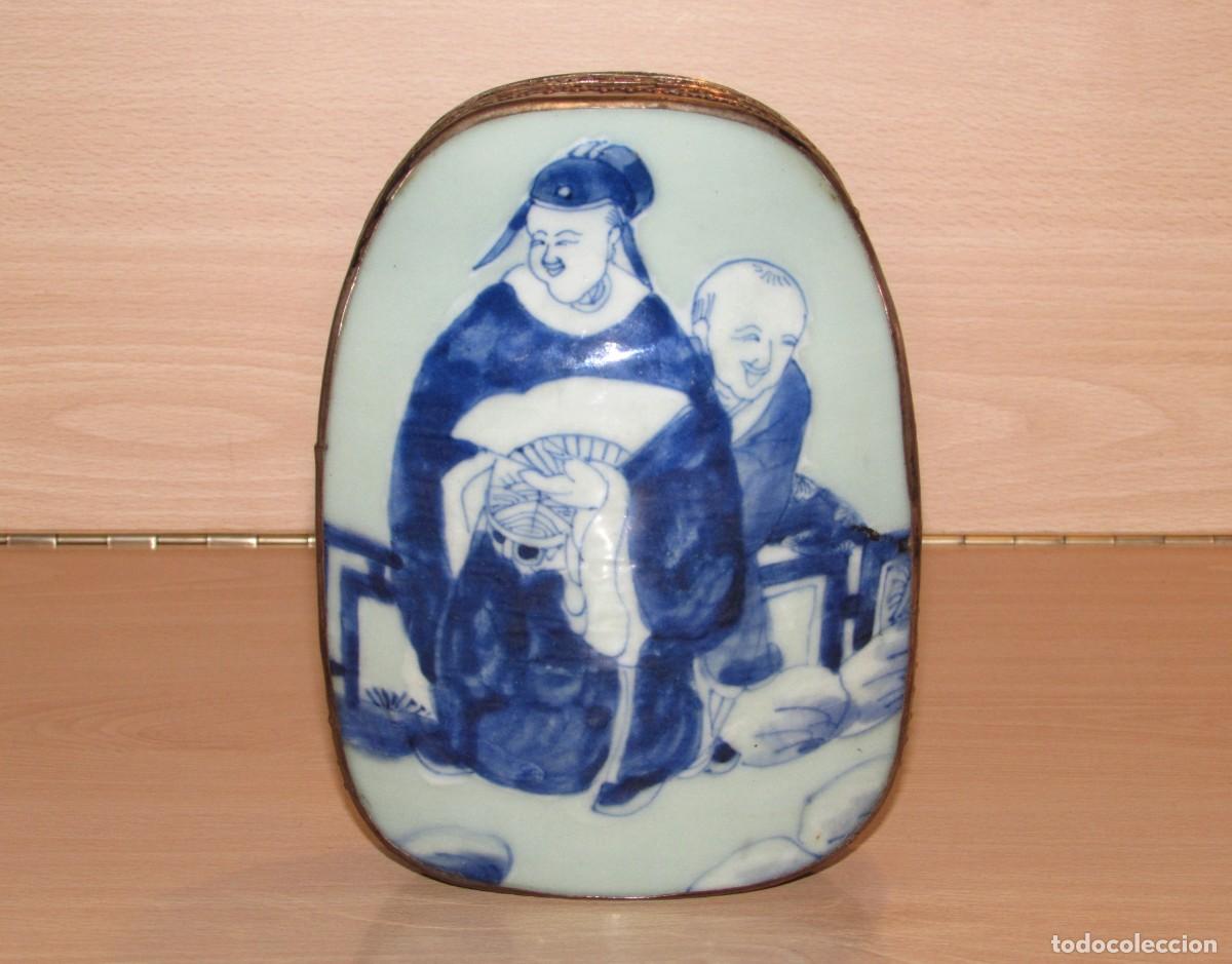 Arte: Antigua caja china joyero oriental fragmento porcelana cer&aacute;mica china y metal labrado mitad s. XX