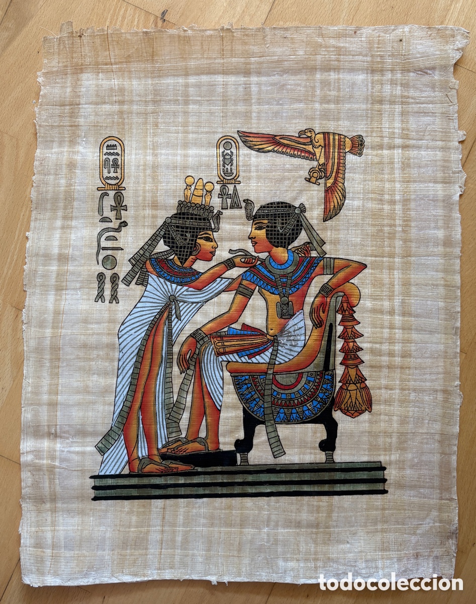 Arte: (L*050*) Papiro egipcio pintado a mano - Escena de Tutankam&oacute;n y Ankhesenamun - 44 x 33 cm