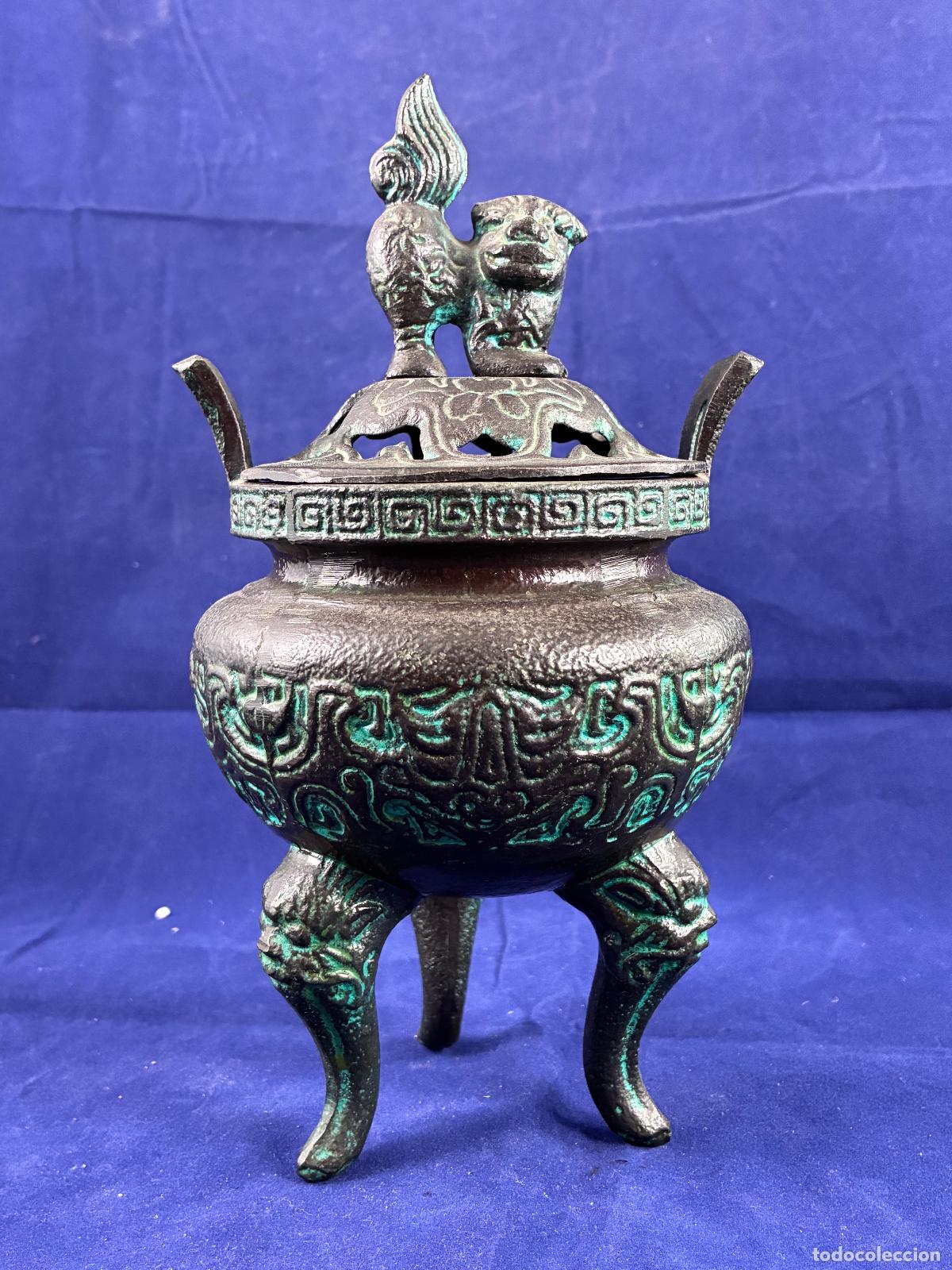 Arte: Incensario Koro Japon&eacute;s Le&oacute;n Shishi S. XX Metal Fundici&oacute;n Patinado. Muy Buen Estado 21 cm.