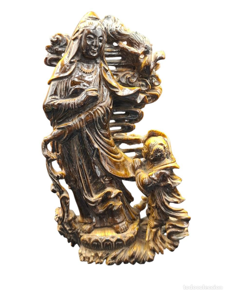 Arte: ESCULTURA CHINA DE GUANYIN TALLADA EN PIEDRA OJO DE TIGRE