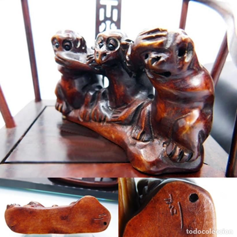 Arte: TRES MONOS SABIOS M&Iacute;STICOS &middot; NO VER NO OIR NO DECIR &middot;ANTIGUO AMULETO NETSUKE EN MADERA BOJ &middot; FIRMADO