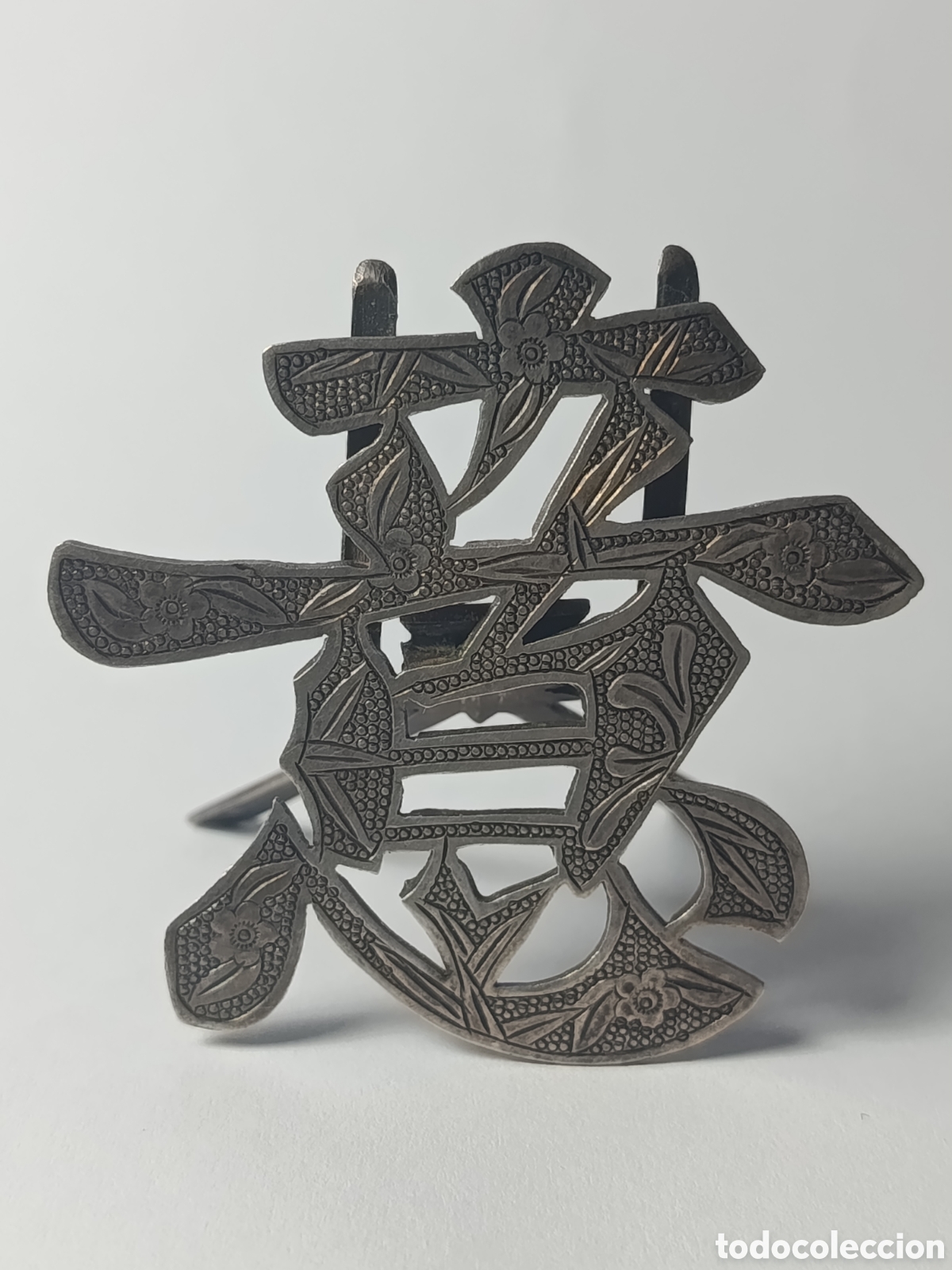 Arte: Luen Wo. Antiguo soporte de men&uacute; en plata, Shang&aacute;i. Vintage . Car&aacute;cter Chino