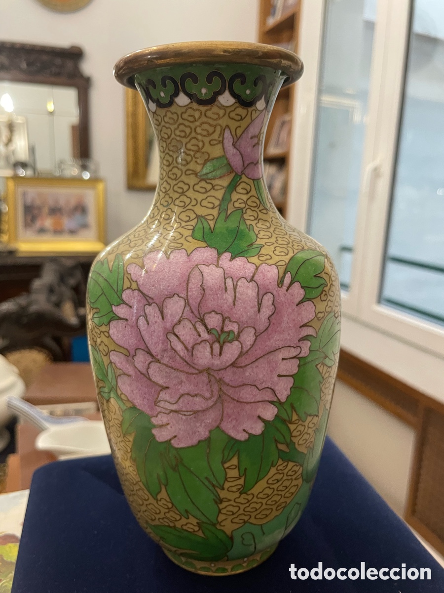 Kunst: Jarr&oacute;n Chino Cloisonn&eacute; - Esmalte Alveolado Flores Peon&iacute;as - Fondo Amarillo