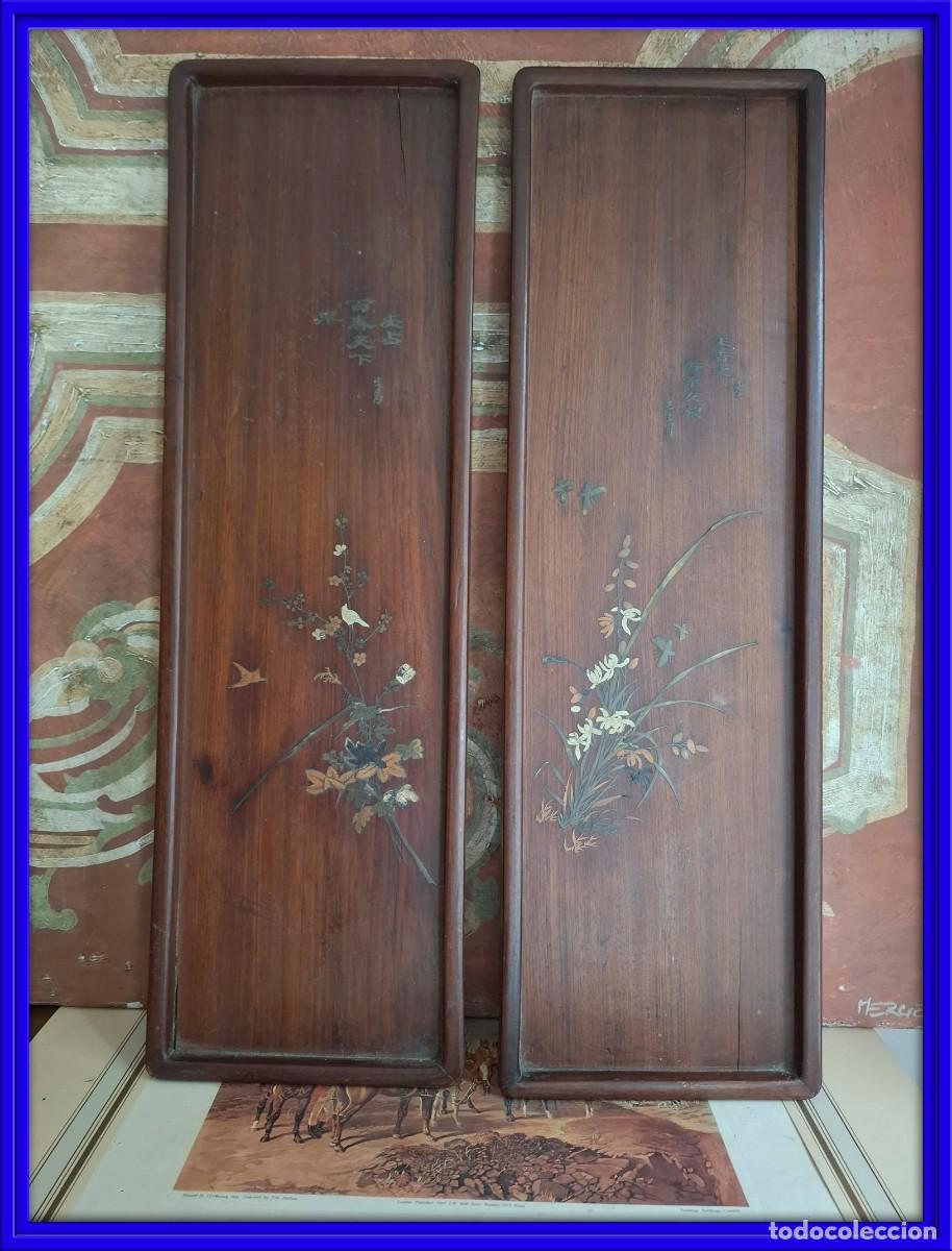Art: ANTIGUAS TABLAS JAPONESAS DE MADERA CON MARQUETERIA METALICA