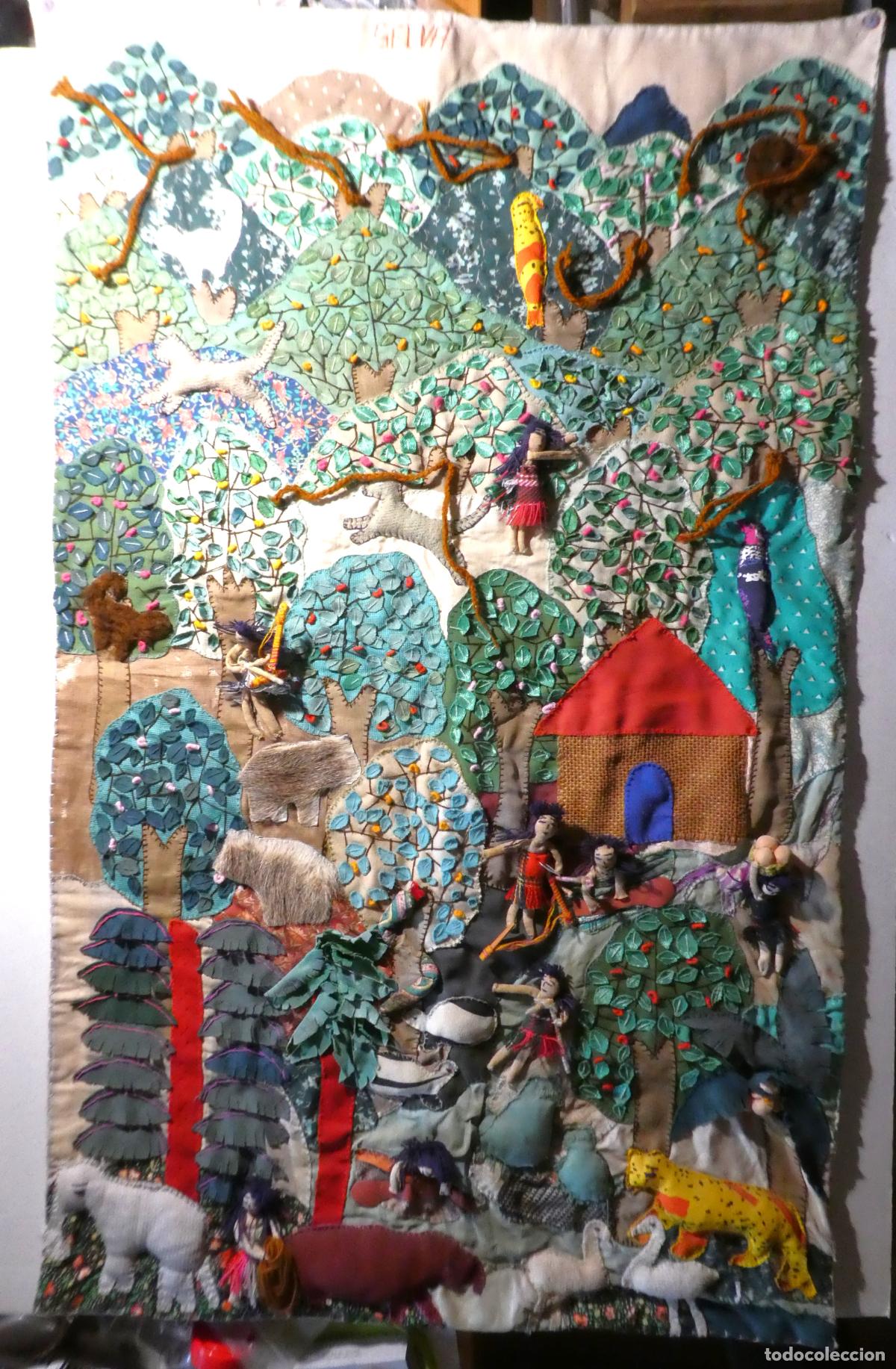 Arte: Arpillera sudamericana arte popular andino, con apliques tridimensionales en tela ,mide 81X51 cm