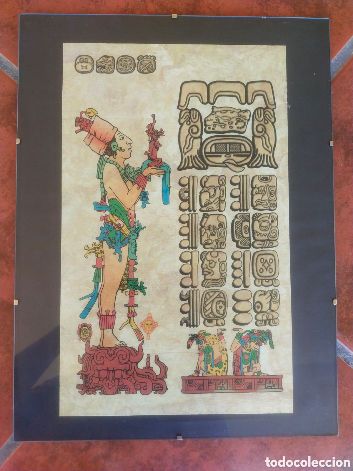 Arte: Pintura Maya en Papel Amate Tradicional R&eacute;plica Relieve del Templo de Palenque Glifos 30x40 Marco