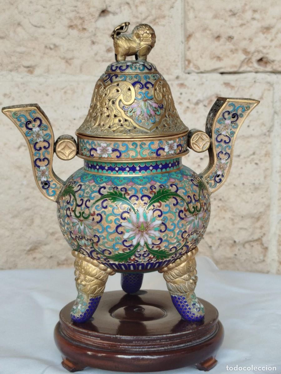 Arte: Incensario Antiguo Chino de Cloisonn&eacute; con Perro Foo
