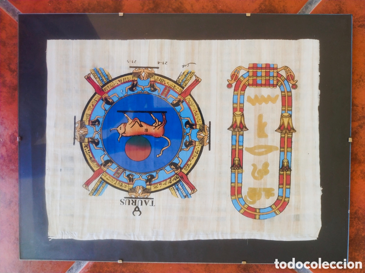 Arte: Papiro Egipcio Aut&eacute;ntico Pintado a Mano Zod&iacute;aco Dendera Tauro Cartucho Jerogl&iacute;ficos Dorado Enmarcado