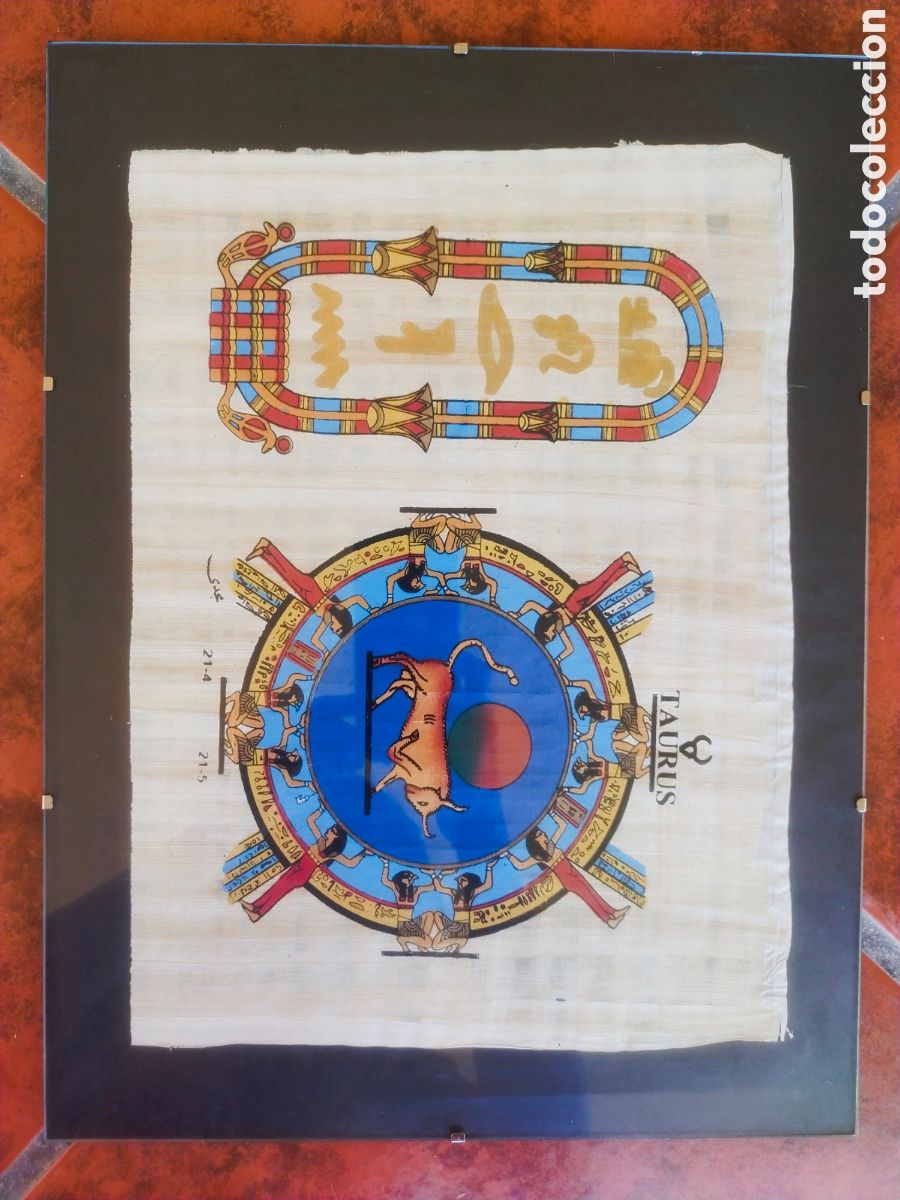 Arte: Papiro Egipcio Aut&eacute;ntico Pintado a Mano Zod&iacute;aco Dendera Tauro Cartucho Jerogl&iacute;ficos Dorado Enmarcado