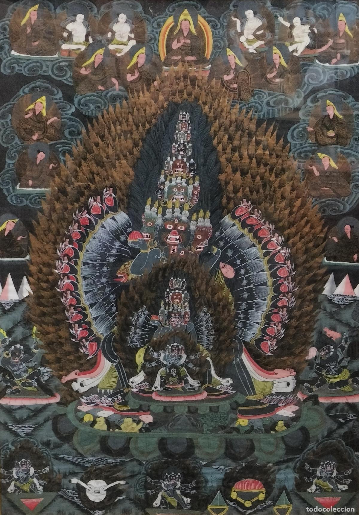 Arte: THANGKA TIBETANO CON MAHAKALA. GOUACHE SOBRE ALGOD&Oacute;N. REGI&Oacute;N DEL T&Iacute;BET. SIGLO XX.