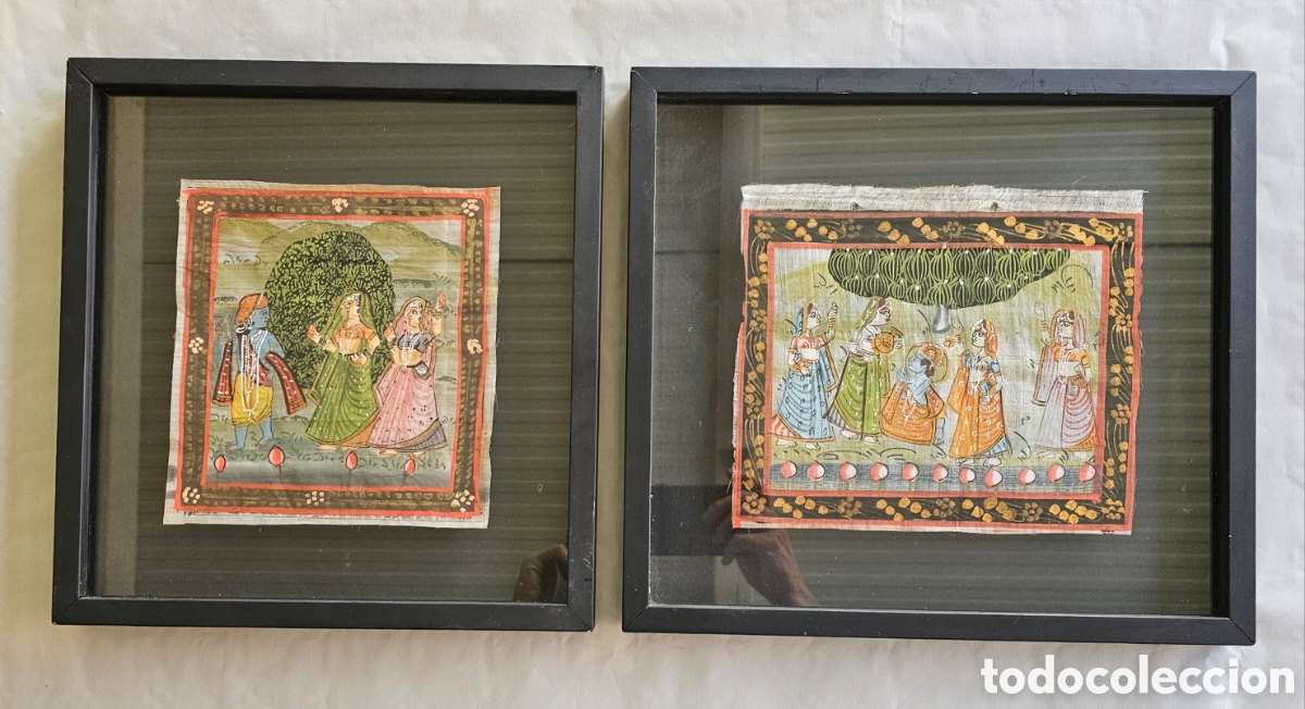 Arte: Pareja de Pinturas sobre Tela, arte tradicional India - Enmarcadas en Caja Flotante. Mediados XX